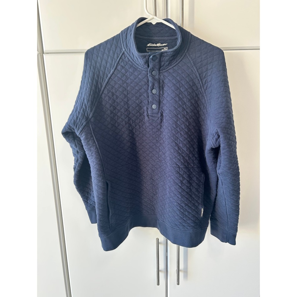 Eddie Bauer‎ Mens Quilted Pullover Sweatshirt Navy Blue Snap Mock Neck Large